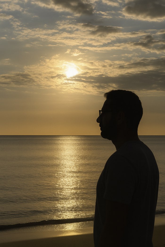 Ever en silueta, mirando el mar al atardecer