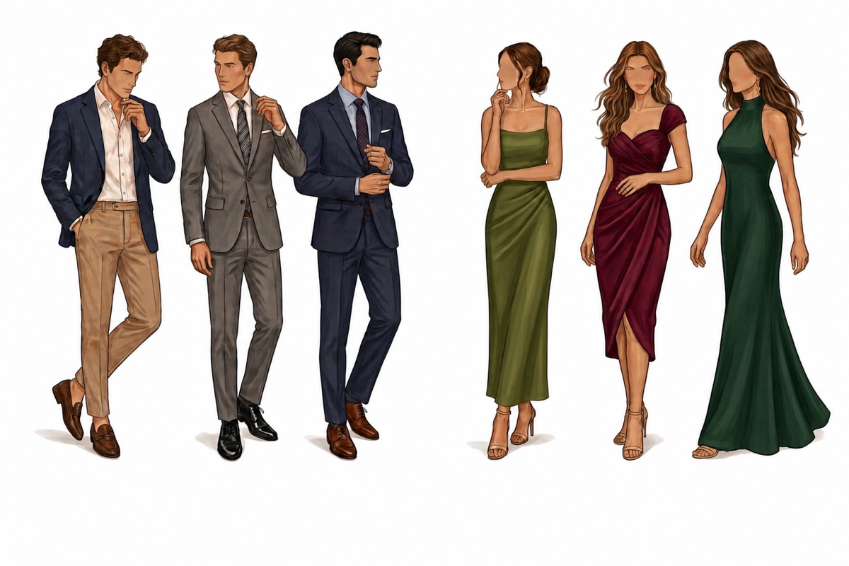 Ilustración de estilo: ellos con traje completo o blazer y pantalón; ellas con vestido largo o midi
