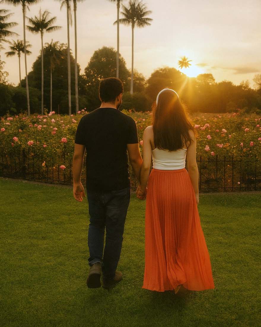 Arlenys y Ever caminando de la mano por el jardín de rosas al atardecer
